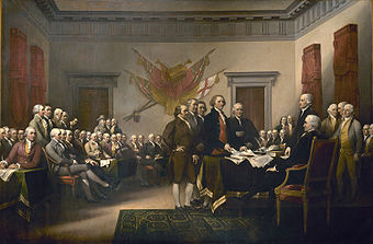 Die Unabhängigkeitserklärung wird dem Kontinentalkongress vorgelegt, Gemälde von John Trumbull (um 1816)