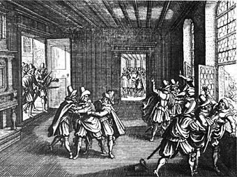 Zweiter Prager Fenstersturz, (Illustration aus Theatrum Europaeum, Bd. 1)