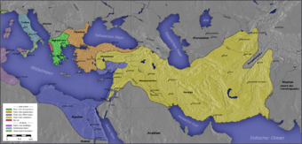 Das zerfallene Alexanderreich nach der Schlacht von Ipsos: Seleukos (gelb), Lysimachos (orange), Ptolemaios (blau), Kassander (grün)