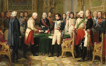 Napoleon empfängt mit Alexander (3. v. re.) den österreichischen Botschafter in Erfurt, programmatisches Historiengemälde von Nicolas Gosse