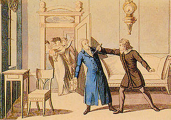 Darstellung von Kotzebues Ermordung 1819, die der Anlass für die Repressionen durch die Karlsbader Beschlüsse war (kolorierter zeitgenössischer Kupferstich)