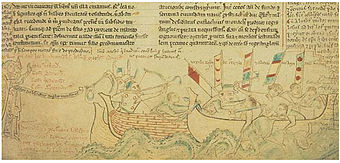 Darstellung der Seeschlacht von Sandwich im Krieg der Barone, Chronica majora des Matthäus Paris