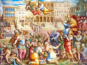 Papst Gregor XI. wird von der Heiligen Katharina von Siena 1377 zurück nach Rom begleitet (Fresko von Giorgio Vasari, c. 1571-1574)