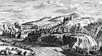 Angebliche Zerstörung Glanzenbergs während der Regensberger Fehde 1267, Darstellung aus dem Jahr 1715