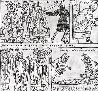 Heinrich IV. mit Gegenpapst Clemens III. (oben links). Die Flucht (oben rechts) und der Tod von Gregor VII. (unten rechts). Illustration aus dem 12. Jahrhundert