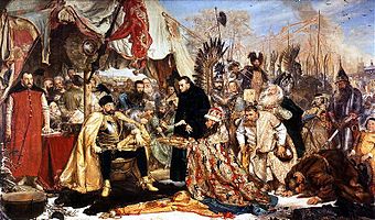 König Stephan Báthory bei Pleskau 1581, links stehend Kanzler Jan Zamoyski