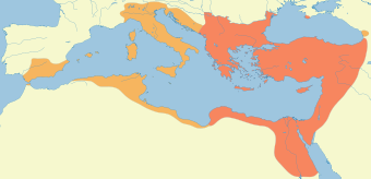 Justinian erlangte die Herrschaft über Teile des ehemaligen Westreiches (gelb)