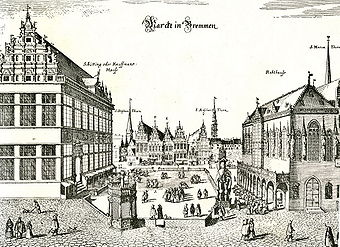 Bremer Marktplatz um 1640; Schütting (links) zu groß dargestellt, Pranger im Vordergrund