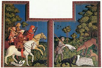 Tassilo reitet in Begleitung von drei Knechten zur Jagd (Meister der Pollinger Tafeln, 1444