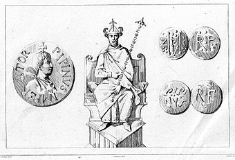 Idealisierte Darstellung Pippins mit der Heiligen Lanze, Darstellung von Münzen aus seiner Zeit
