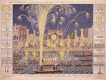 Feuerwerk auf der Themse am 15. Mai 1749, anlässlich des Aachener Friedens zum Ende des Österreichischen Erbfolgekrieges