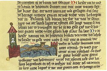 Barbarossa ertrinkt im Saleph, Darstellung in der sächsischen Weltchronik um 1280
