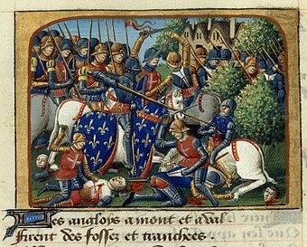 Darstellung der Schlacht von Formigny als Buchmalerei aus dem Vigiles du roi Charles VII von Martial d'Auvergne (15. Jahrhundert)