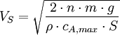 V_S = \sqrt{\frac{2\cdot n\cdot m\cdot g}{\rho\cdot c_{A,max}\cdot S}}