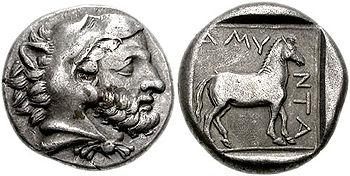 Münze des Amyntas III. mit dem Kopf des Herakles