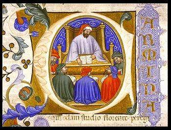 Boethius lehrt seine Studenten, Initiale einer Handschrift des Trosts der Philosophie von 1385