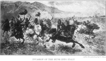 Die Hunnen, angeführt von Attila (Im Vordergrund rechts), auf ihrem Weg nach Italien (Phantasiedarstellung)