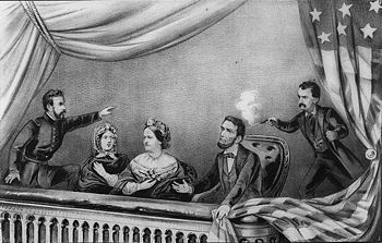 Lithografie des Attentats auf Lincoln; v.l.n.r.: Henry Rathbone, Clara Harris, Mary Todd Lincoln, Abraham Lincoln und John Wilkes Booth
