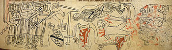 Darstellung der Schlacht von Evesham aus der Chronica majora des Matthäus Paris, 13. Jahrhundert.