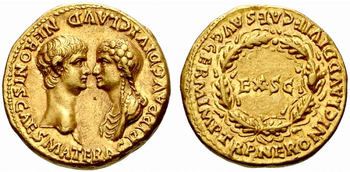 Aureus aus dem Jahr 54 mit Nero und Agrippina auf der Vorderseite