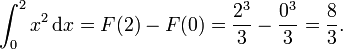 \int_0^2 x^2\,\mathrm dx = F(2) - F(0) = \frac{2^3}{3} - \frac{0^3}{3} = \frac 8 3.