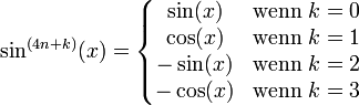 \sin^{(4n+k)}(x)=\left\{\begin{matrix}
\sin (x) &amp;amp;amp; \mbox{wenn } k=0 \\
\cos (x) &amp;amp;amp; \mbox{wenn } k=1 \\
-\sin (x) &amp;amp;amp; \mbox{wenn } k=2 \\
-\cos(x) &amp;amp;amp;  \mbox{wenn } k=3 \end{matrix}\right.