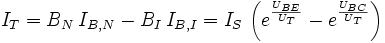 I_T = B_N \, I_{B,N} - B_I \, I_{B,I} = I_S \, \left( e^\frac{U_{BE}}{U_T} - e^\frac{U_{BC}}{U_T} \right)