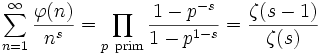 \sum_{n=1}^{\infty} \frac{\varphi(n)}{n^s} = \prod_{p\ {\rm prim}} 
\frac{1-p^{-s}}{1-p^{1-s}}=\frac{\zeta(s-1)}{\zeta(s)}