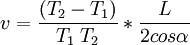 v=\frac{(T_2-T_1)}{T_1\;T_2}*\frac{L}{2 cos\alpha}