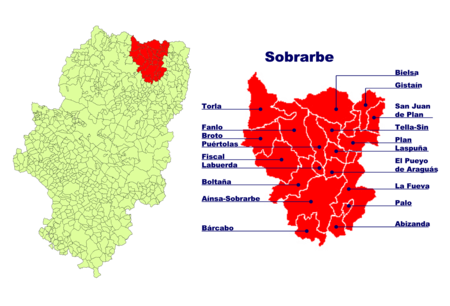 Lage der Comarca Sobrarbe in Aragonien und Lage der einzelnen Gemeinden