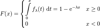 F(x)=\begin{cases}\displaystyle
            \int\limits_{0}^x f_{\lambda}(t)\ {\rm d}t = 1-\mathrm{e}^{-\lambda x}&amp;amp;amp; x\geq 0 \\
            0                                                                     &amp;amp;amp; x &amp;amp;lt; 0 
            \end{cases}