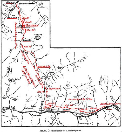 Outline map of the Lötschbergbahn between Spiez and Brig in Switzerland, showing the part from Frutigen to Brig. Note the double loop completed with a 270 degree spiral tunnel between Kandergrund and Felsenburg (ca. km 60 and 70) and the straight stretch of the Lötschberg tunnel between km 75 and 90.