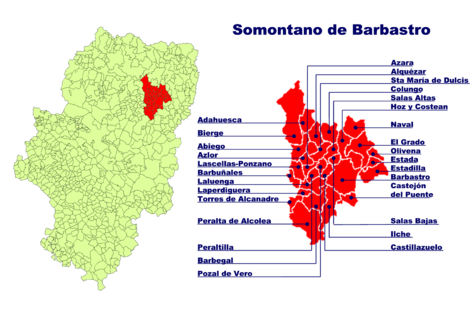Lage des Somontano de Barbastro in Aragonien und Lage der einzelnen Gemeinden