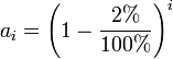 a_i = \left(1 - \frac{2%}{100%}\right)^i