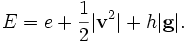 E = e + \frac{1}{2} |\mathbf{v}^2| + h |\mathbf{g}|.