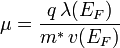 \mu = \frac{q\, \lambda(E_{F})}{m^{*}\, v(E_{F})}