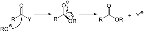 Mechanismus des basenkatalysierten Additions-Eliminierungsmechanismus.