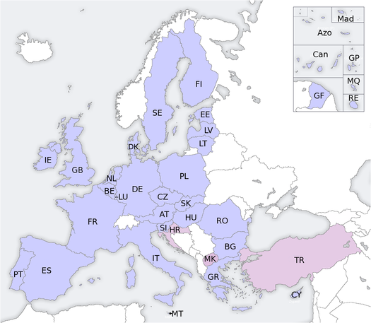 Mitgliedstaaten (blau) und Beitrittskandidaten (rosa) der EU (anklickbare Karte)