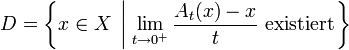 D = \left\{x \in X \;\left|\; \lim_{t\to 0^+} \frac{A_t(x) - x}{t} \text{ existiert}\right.\right\}