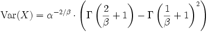 \operatorname{Var}(X)=\alpha^{-2/ \beta} \cdot \left(\Gamma\left(\frac{2}{\beta}+1\right)- \Gamma \left(\frac{1}{\beta}+1\right)^2\right)