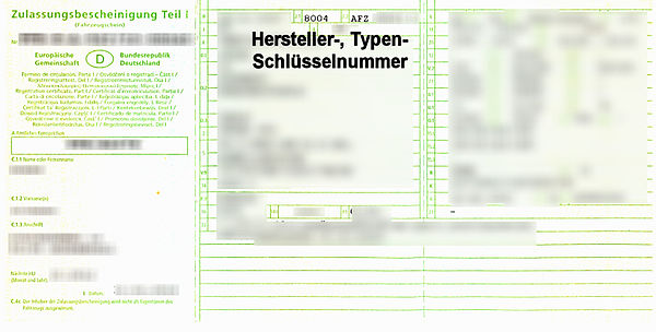 KFZ-Schein (Zulassungsbescheinigung Teil I) ab 2005 mit Hersteller- und Typenschlüsselnummern