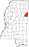 Map of Mississippi highlighting Lowndes County.svg