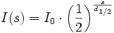 I(s)= I_0 \cdot \left(\frac{1}{2}\right)^{\frac{s}{d_{1/2}}}