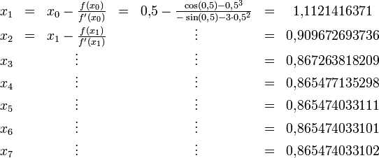 \begin{matrix}
 x_1 &amp;amp;amp; = &amp;amp;amp; x_0 - \frac{f(x_0)}{f'(x_0)} &amp;amp;amp; = &amp;amp;amp; 0{,}5 - \frac{\cos(0{,}5) - 0{,}5^3}{-\sin(0{,}5) - 3 \cdot 0{,}5^2} &amp;amp;amp; = &amp;amp;amp; 1{,}1121416371 \\
 x_2 &amp;amp;amp; = &amp;amp;amp; x_1 - \frac{f(x_1)}{f'(x_1)} &amp;amp;amp; &amp;amp;amp; \vdots &amp;amp;amp; = &amp;amp;amp; 0{,}909672693736 \\
 x_3 &amp;amp;amp; &amp;amp;amp; \vdots &amp;amp;amp; &amp;amp;amp; \vdots &amp;amp;amp; = &amp;amp;amp; 0{,}867263818209 \\
 x_4 &amp;amp;amp; &amp;amp;amp; \vdots &amp;amp;amp; &amp;amp;amp; \vdots &amp;amp;amp; = &amp;amp;amp; 0{,}865477135298 \\
 x_5 &amp;amp;amp; &amp;amp;amp; \vdots &amp;amp;amp; &amp;amp;amp; \vdots &amp;amp;amp; = &amp;amp;amp; 0{,}865474033111 \\
 x_6 &amp;amp;amp; &amp;amp;amp; \vdots &amp;amp;amp; &amp;amp;amp; \vdots &amp;amp;amp; = &amp;amp;amp; 0{,}865474033101 \\
 x_7 &amp;amp;amp; &amp;amp;amp; \vdots &amp;amp;amp; &amp;amp;amp; \vdots &amp;amp;amp; = &amp;amp;amp; 0{,}865474033102
\end{matrix}
