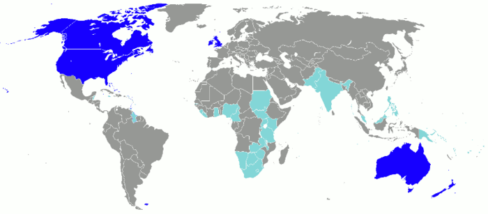dunkelblau: Amts- und Landessprache; hellblau: Amts-, aber Nebensprache