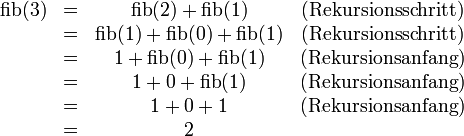 \begin{matrix}
\operatorname{fib}(3) &amp;amp;amp; = &amp;amp;amp; \operatorname{fib}(2)+\operatorname{fib}(1)    &amp;amp;amp; \mbox{(Rekursionsschritt)} \\
                      &amp;amp;amp; = &amp;amp;amp; \operatorname{fib}(1)+\operatorname{fib}(0)+\operatorname{fib}(1)    &amp;amp;amp; \mbox{(Rekursionsschritt)} \\
                      &amp;amp;amp; = &amp;amp;amp; 1+\operatorname{fib}(0)+\operatorname{fib}(1) &amp;amp;amp; \mbox{(Rekursionsanfang)} \\
                      &amp;amp;amp; = &amp;amp;amp; 1+0+\operatorname{fib}(1)                     &amp;amp;amp; \mbox{(Rekursionsanfang)} \\
                      &amp;amp;amp; = &amp;amp;amp; 1+0+1                     &amp;amp;amp; \mbox{(Rekursionsanfang)} \\
                      &amp;amp;amp; = &amp;amp;amp; 2
\end{matrix}