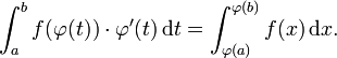 \int_{a}^{b} f(\varphi(t)) \cdot \varphi'(t)\,\mathrm{d}t = \int_{\varphi(a)}^{\varphi(b)} f(x)\,\mathrm{d}x .