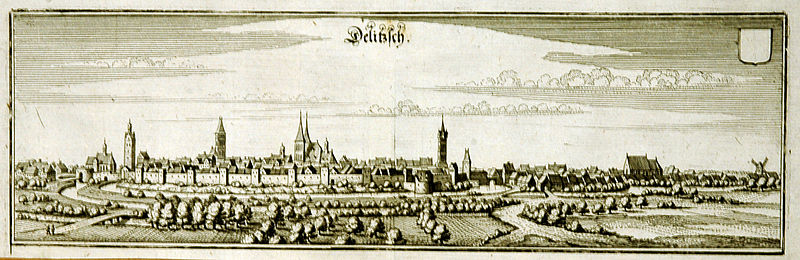 Delitzsch um 1650, Kupferstich von Matthäus Merian, veröffentlicht in der Topographia Superioris Saxoniae