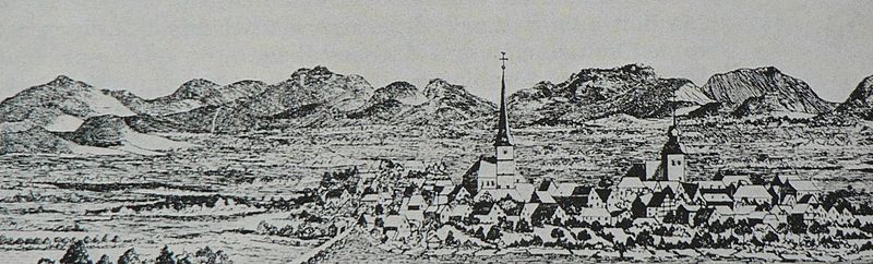 Panoramablick von den Meller Bergen nach Süden auf Melle und den Teutoburger Wald, Kupferstich um 1700 vor dem Stadtbrand