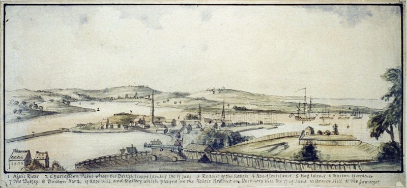 Blick vom Beaconhügel (Beacon Hill). Das mit Wasserfarben kolorierte Landschaftsbild zeigt den Blick von einer britischen Befestigung auf dem Beacon Hill mit einer Kanone und einem Soldaten im Vordergrund.Eine Legende identifiziert die wichtigsten Punkte: (1) Mystic River, (2) Charlestown Point, wo die britischen Truppen am 17. Juni landeten, (3) Stellungen der Rebellen, (4) Noodles Insel (Noodles Island), (5) Hoginsel (Hog Island), (6) der Bostoner Hafen, (7) Die Dykes, (8) der Bostoner Norden, (9) Kops Hügel (Kops Hill) und Geschützbatterie, die die Rebellenstellungen am 17. Juni angriffen, (10) Beaconhügel (Beacon Hill) und (11) Der Salto (The Somerset). Veröffentlicht zwischen 1775 und 1780